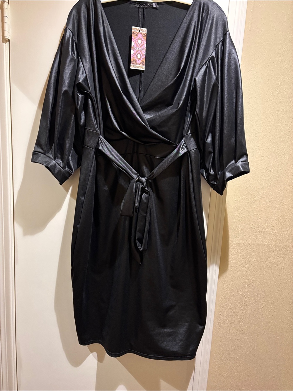 Boohoo Black Faux-Leather Midi Wrap Dress with Tie Waist